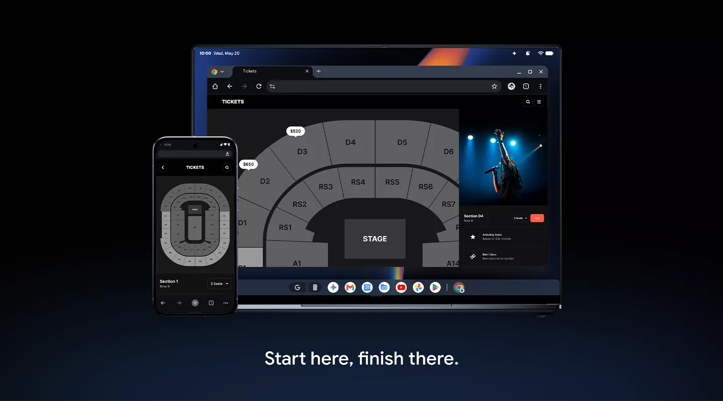 Android phone and Googlebook showing the same task continued across devices