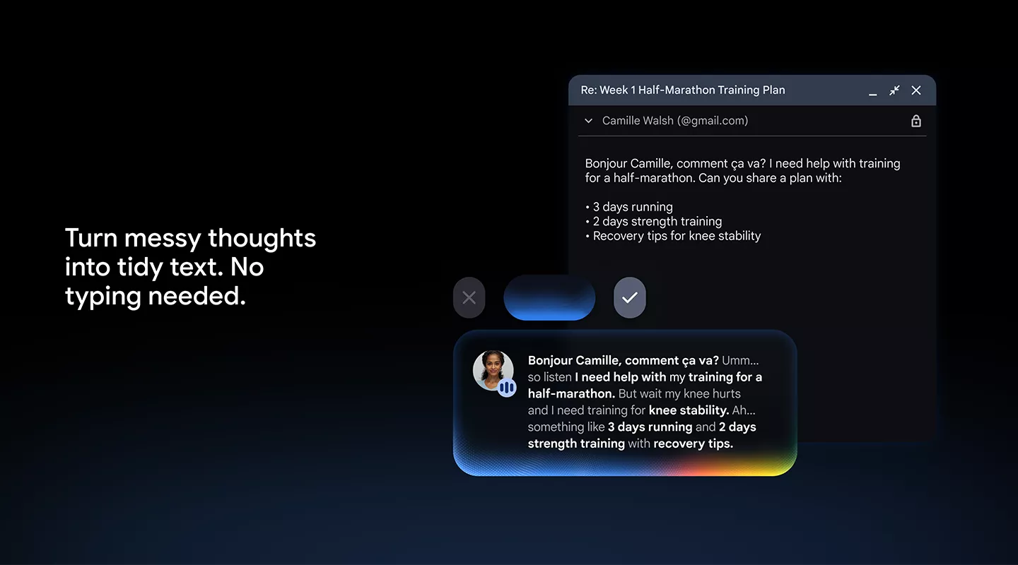 Rambler voice-to-text turning dictation into a formatted email on Googlebook