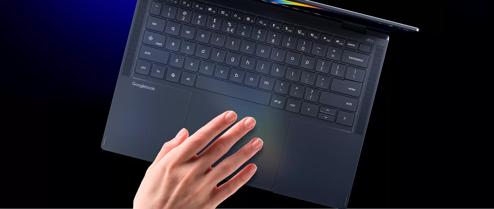 Hand resting on the touchpad of the slim Acer Googlebook 14